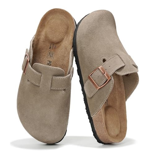 Project Cloud 100% Genuine Leather Footbed Clogs for Women - Memory Foam Arch Support Slippers for Women - Trendy Slip-ons Women's Mules & Clogs Sandals (Benton,TaupeSuede, 8.5) | Amazon (US)