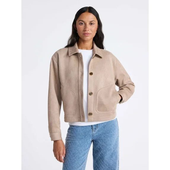 Time and Tru Women's Faux Suede Button Front Jacket, Sizes XS-XXXL | Walmart (US)