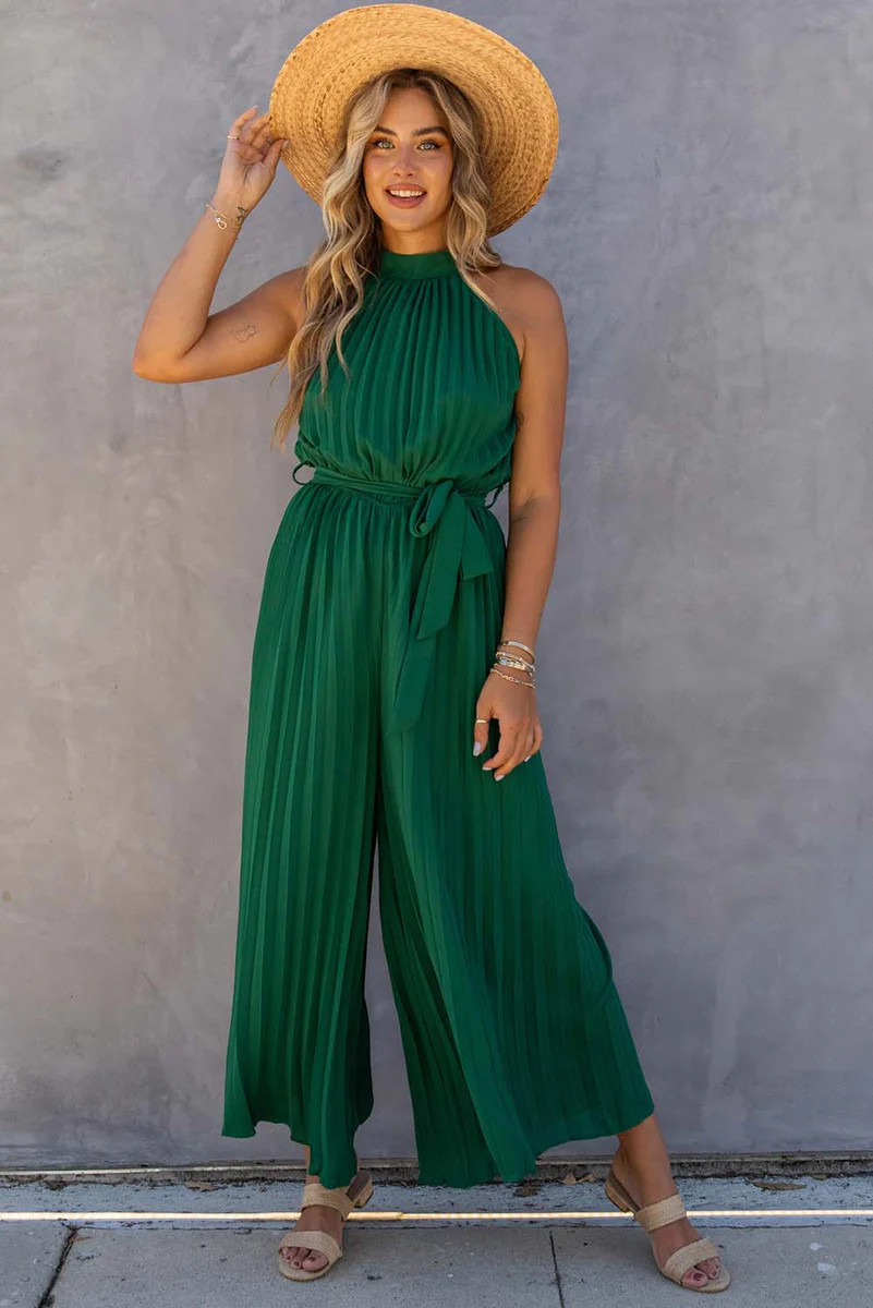 Halter Neck Pleated Wide Leg Jumpsuit with Belt | Jane Fashion INC.