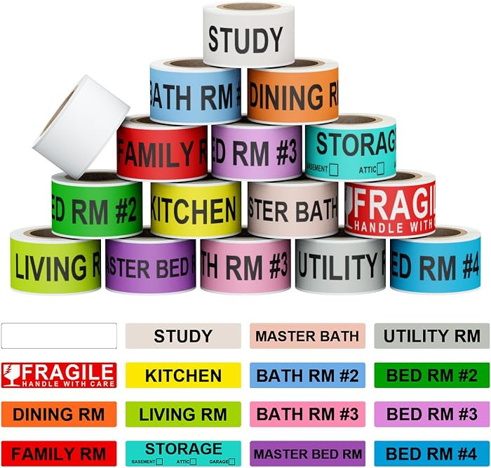 Misofuki 16 Rolls 960 Pcs 1"x4.5" Color Coded Moving Labels Stickers for Boxes with 4 Bedroom Lab... | Amazon (US)