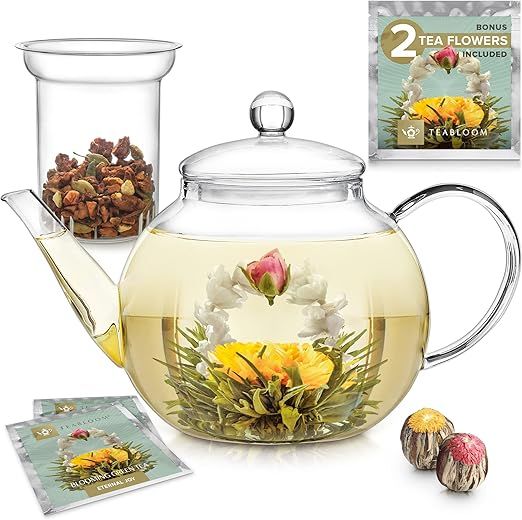 Teabloom Stovetop & Microwave Safe Glass Teapot (40 OZ) with Removable Loose Tea Glass Infuser ... | Amazon (US)