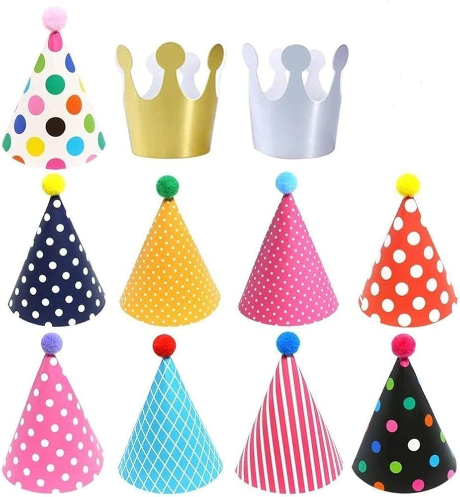 ELakiss 11PCS Birthday Party Cone Hats - Pom Poms,Lovely Cake Cone Birthday Paper Hats,Lovely Cro... | Amazon (US)