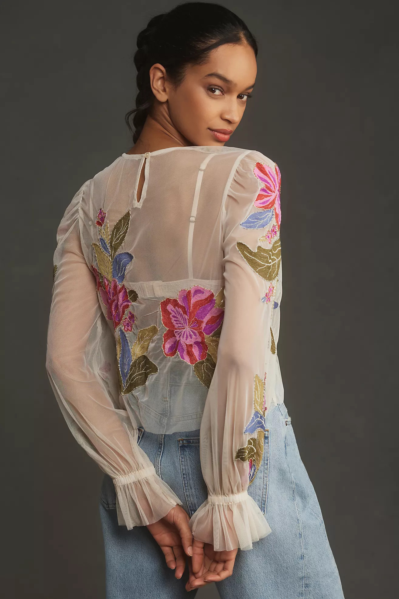 By Anthropologie Long-Sleeve Appliqué Mesh Top | Anthropologie (US)