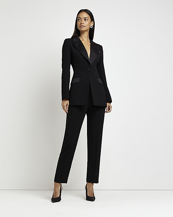 Black satin detail blazer | River Island (US)