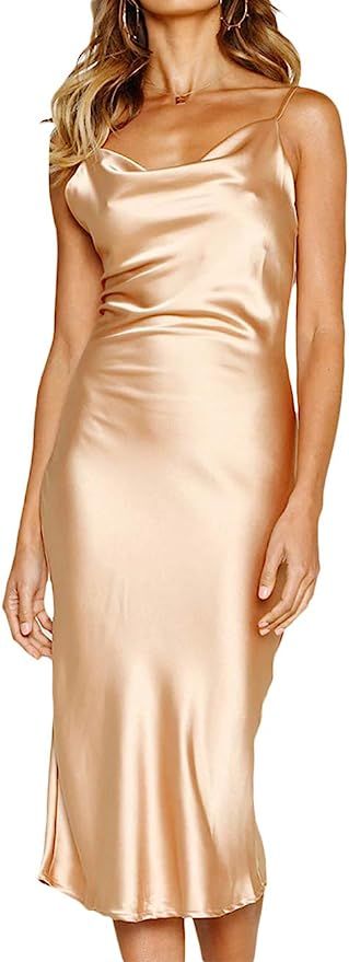 xxxiticat Women's Sleeveless Spaghetti Strap Satin Dress Cocktail Beach Evening Party Cowl Neck D... | Amazon (US)