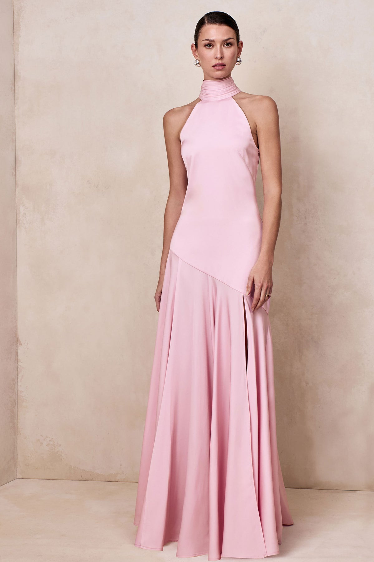 Luscious  Light Pink High-Neck Maxi Dress With Drop-Waist And Bow Detail | Club L London