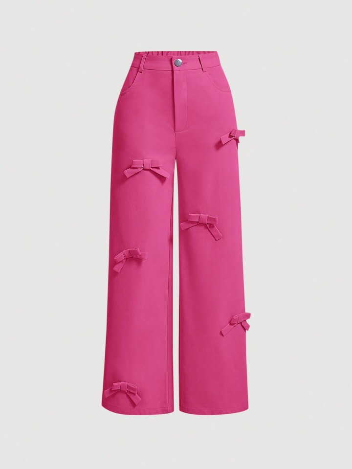 SHEIN MOD Women's Rose-Red Pants With Bow Decorated Diagonal Pockets | SHEIN USA | SHEIN