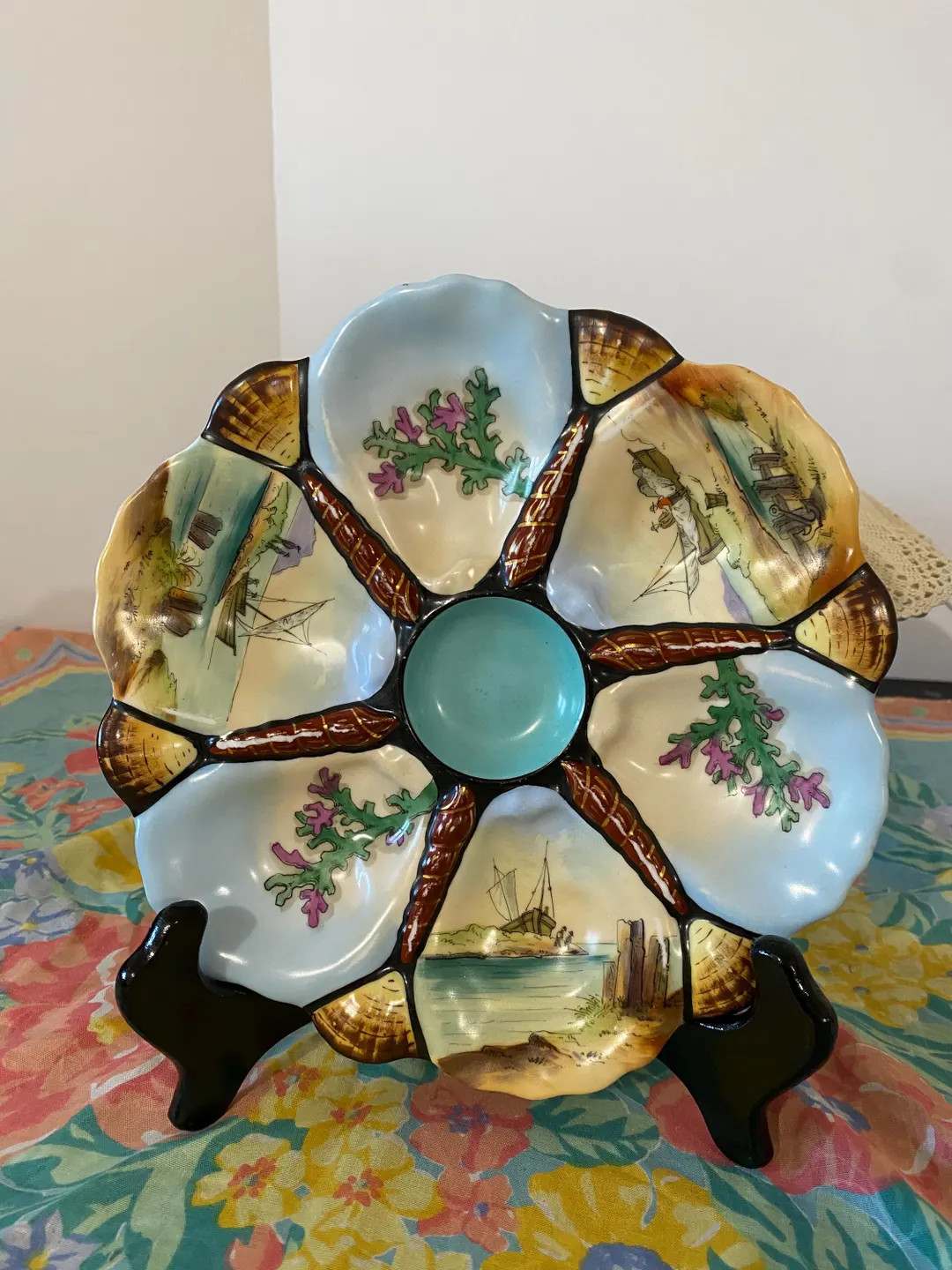 Antique Oyster Plate hand painted. Six Oyster places and one well for sauce. | Etsy (US)