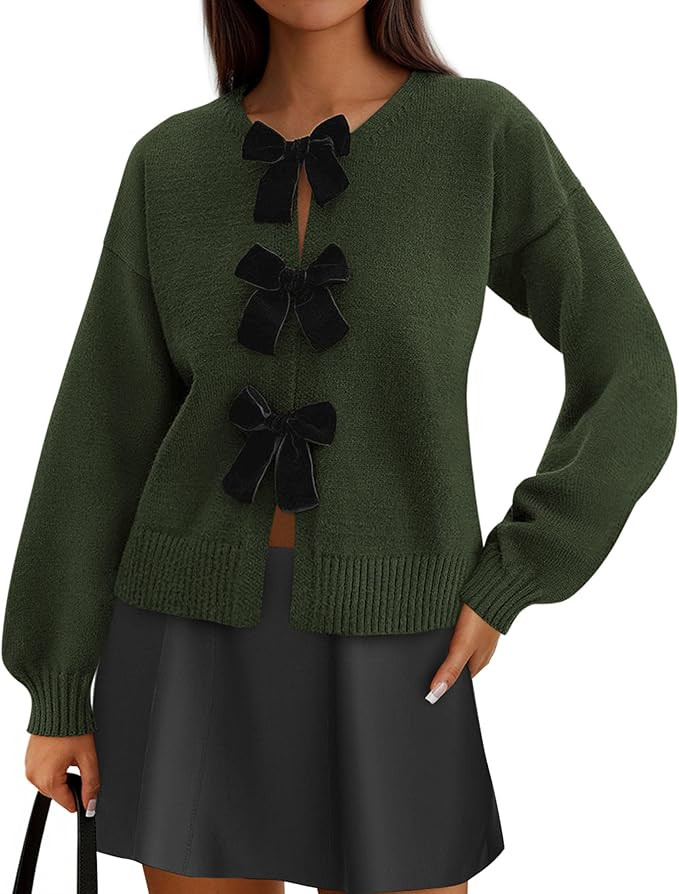 PRETTYGARDEN Cardigan Sweaters for Women Fall Fashion 2025 Bow Tie Front Long Sleeve Knit Sweater... | Amazon (US)