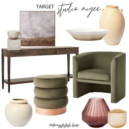 New target studio McGee! Woven drawer console table, olive green Vernon barrel accent chair, tufted round ottoman, cream vase, round bowl, tall cream vase with handles, wall art, beige marble figurine, fluted glass vase and canister 

#LTKhome #LTKFind