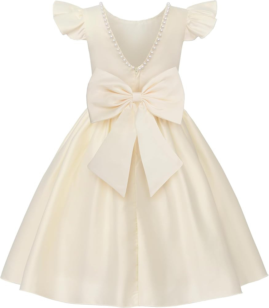 Uhnice Flower Girl Satin Dress with Pearls Flutter Sleeves V Back Gown with Removable Bow for Wed... | Amazon (US)