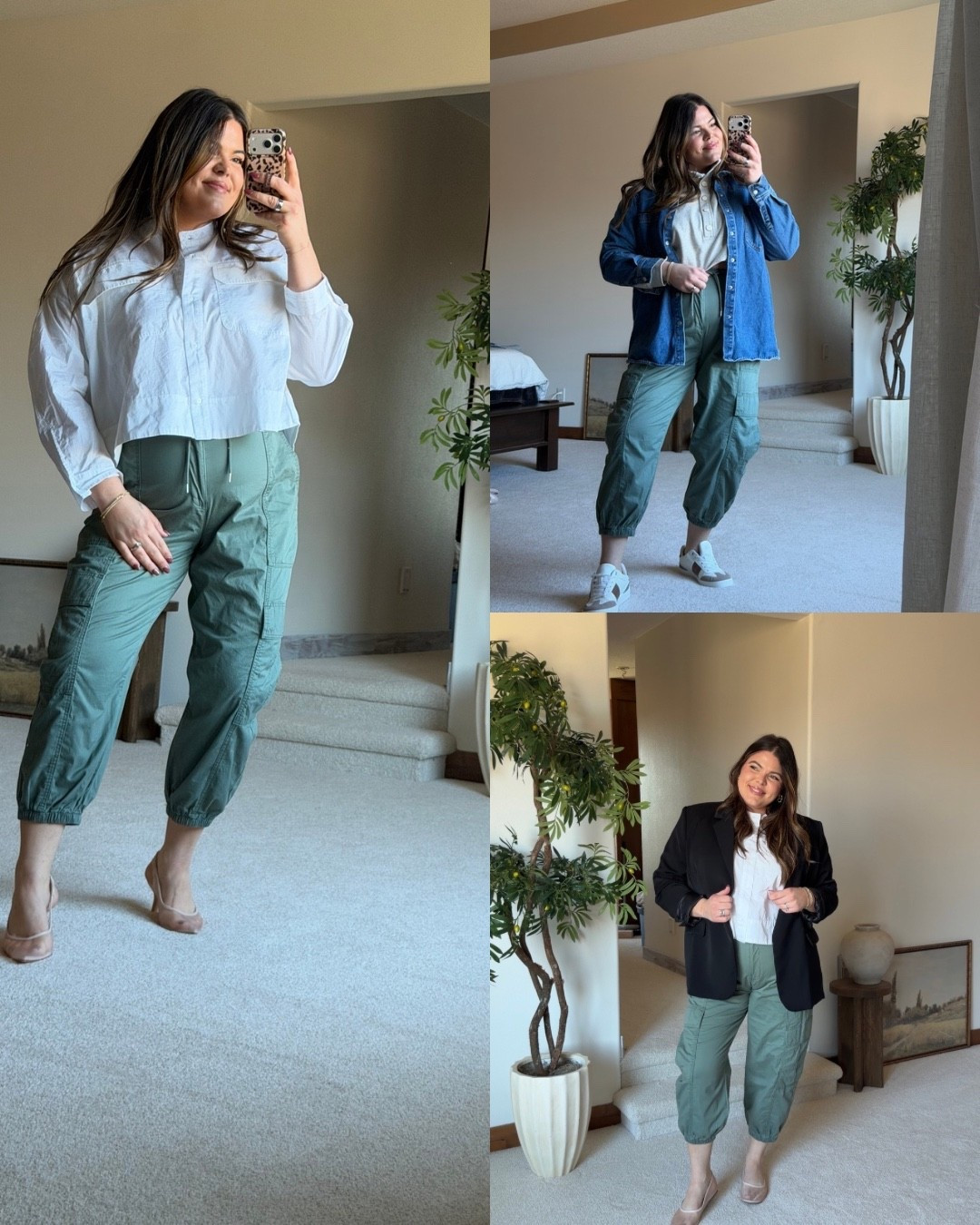 Cargo joggers styled multiple ways. 

Cute casual spring, office or teacher outfits  midsize size 14 postpartum

#ltkmomlife #ltkmidsize #ltkfindsunder50

