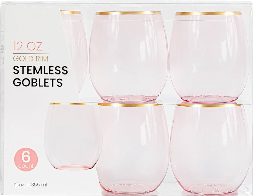 Amazon.com: PLASTICPRO 6 Pack Pink With Gold Rim Plastic Wine Glasses Stemless Disposable 12 oz B... | Amazon (US)