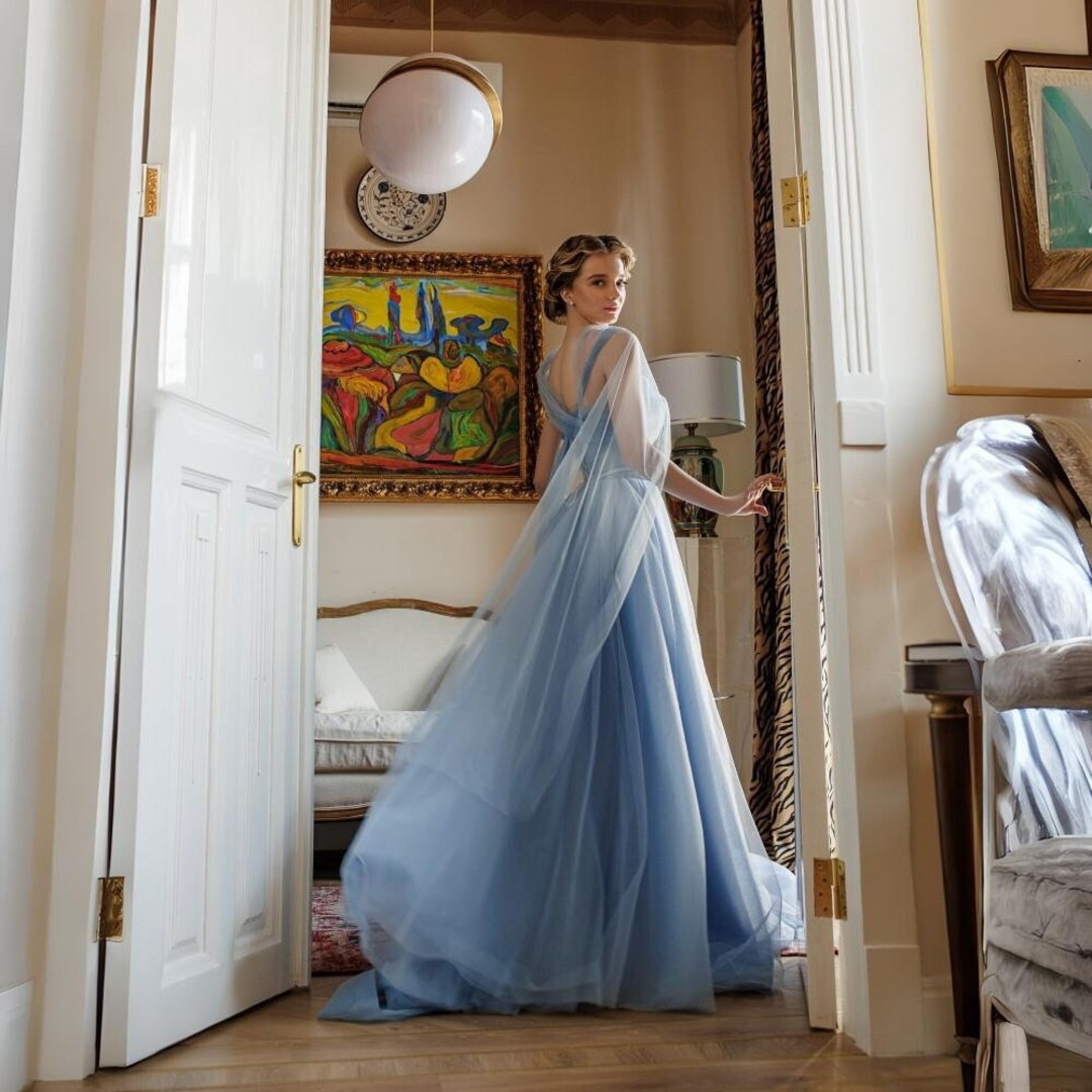 Sky Blue Tulle Prom Dress, Tie Shoulder Tulle Evening Dress, Lace up Buster Evening Dress, Retro ... | Etsy (US)