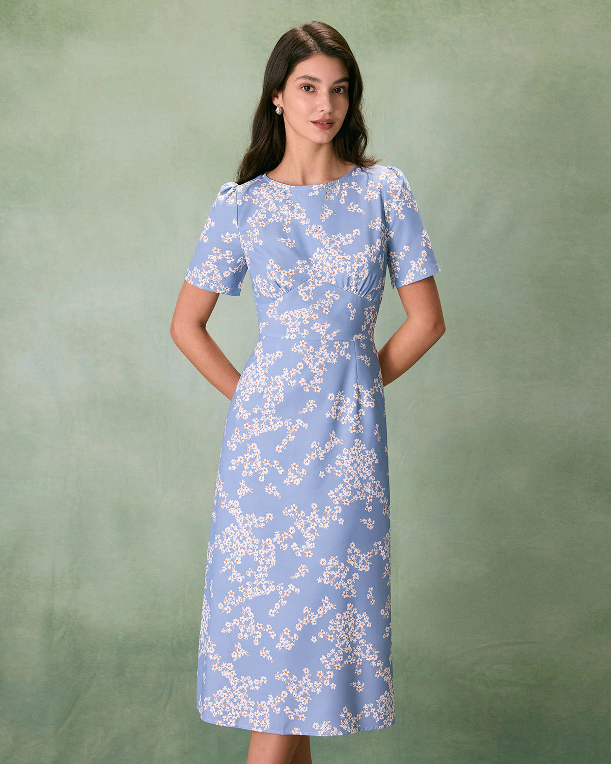 The Blue Round Neck Floral Midi Dress & Reviews - Blue - Dresses | RIHOAS | rihoas.com