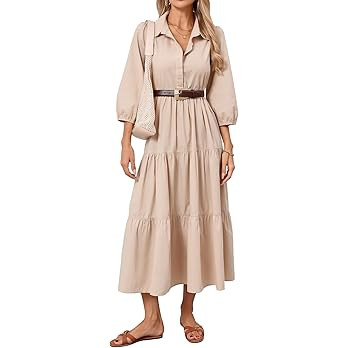 Women Flowy Maxi Shirt Dress Casual Button Down V Neck Ruffled Beach Long Dresses with Pockets | Amazon (US)