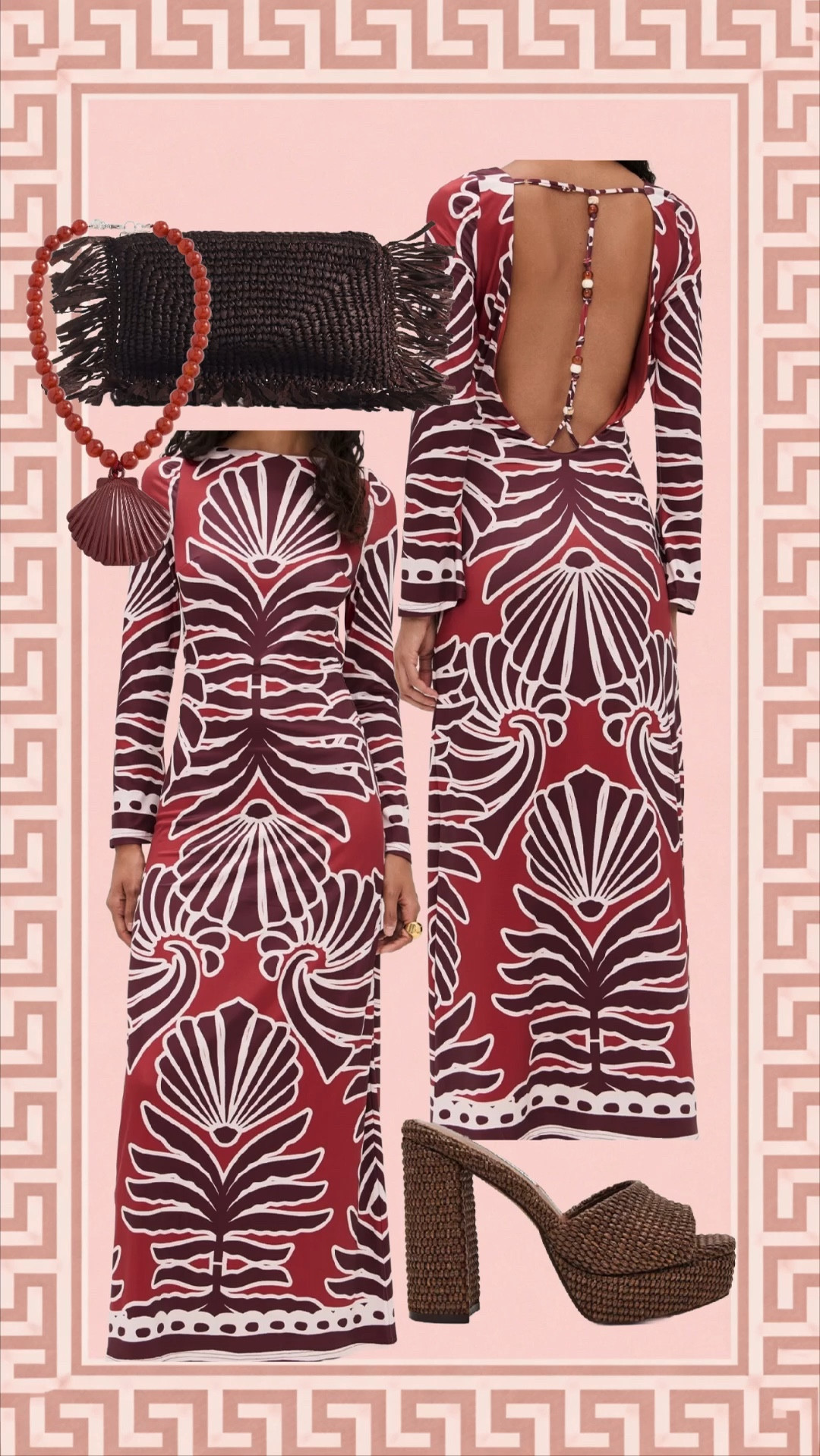  A statement print, the dreamiest open back, and that rich coastal red we’re all craving right now. Styled it with raffia textures + a little seaside charm for the ultimate vacation-ready look. Perfect for dinners by the water, beach trips, or a chic resort moment ✨

Everything is linked for you below!

⸻

Product List:

* Red Shell Print Open Back Maxi Dress
* Raffia Fringe Clutch
* Shell Pendant Necklace (Red Accent)
* Woven Platform Heels (Raffia Block Heel)

⸻

Hashtags:
#LTKStyle #LTKFinds #LTKSummer #ResortWear #CoastalStyle #GrandmillennialStyle #VacationOutfit #BeachDinnerLook #SummerStyle #PrintedDress #MaxiDressStyle #ClassicWithATwist #SouthernStyle #ChicSummer #LTKIt #ShopTheLook 
