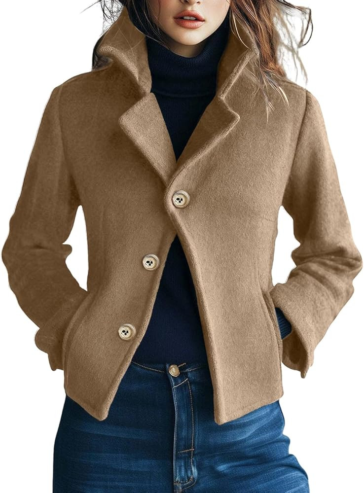 CHARTOU Women Short Plaid Wool Blend Jacket Crop Woo Blazer Pea Coat Crop Winter Outwear | Amazon (US)