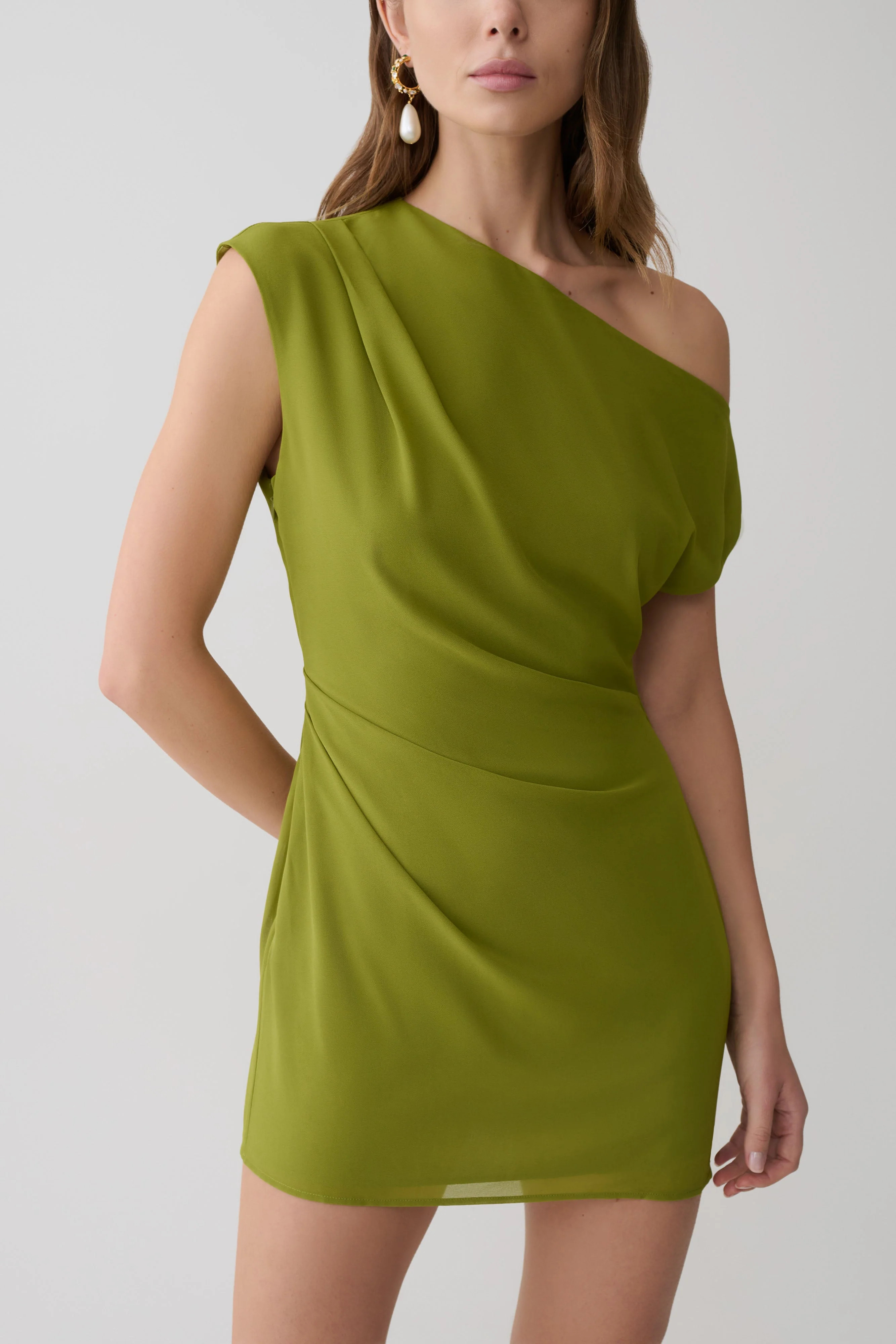 Hannah Asymmetric Neckline Mini Dress - Olive | MESHKI US