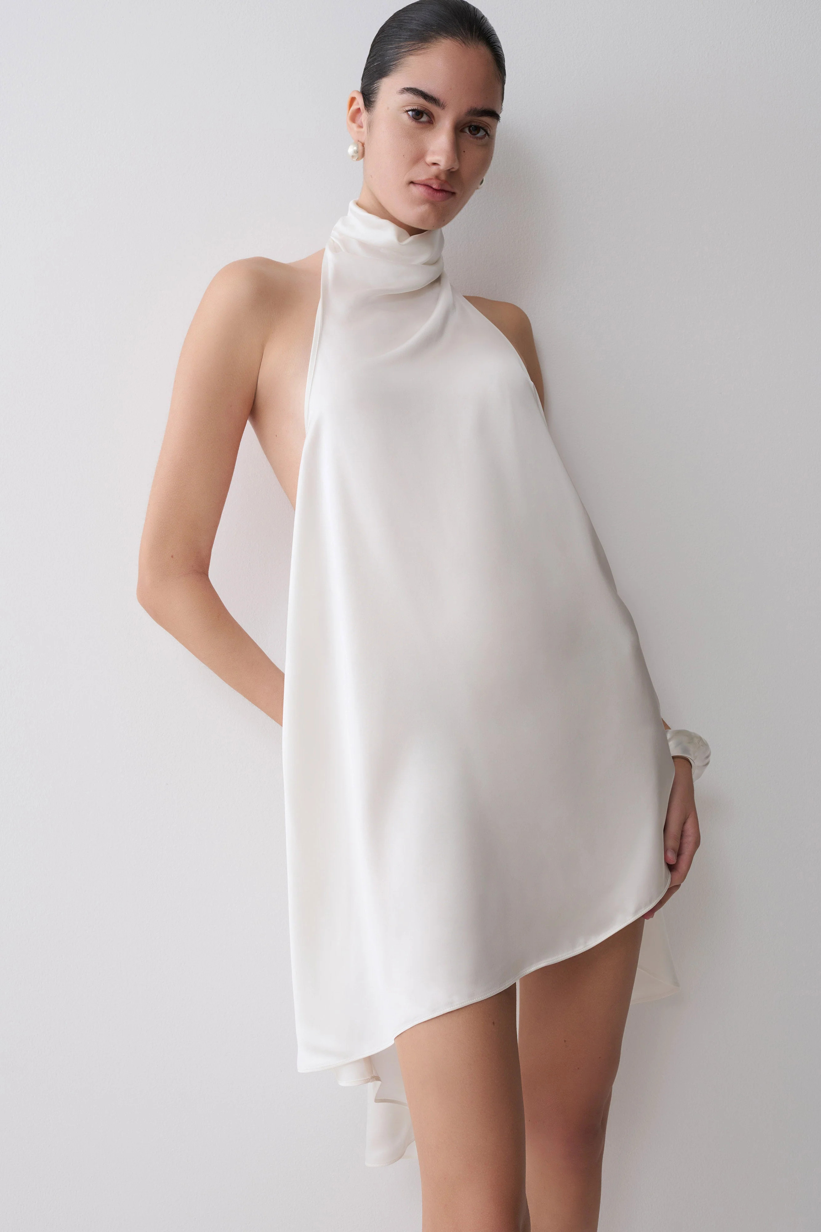 Sydney Asymmetrical Satin Halter Mini Dress - Ivory | MESHKI US