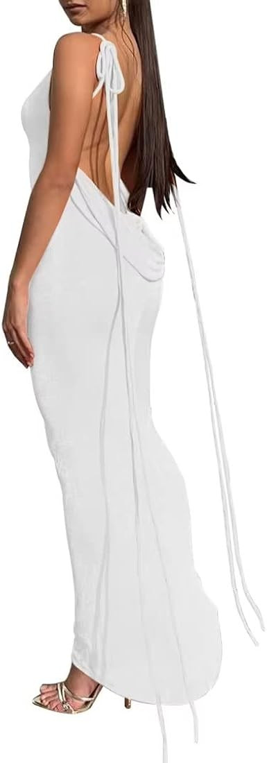 Kafiloe Women Sexy Spaghetti Strap Backless Maxi Dress Sleeveless Cowl Neck Bodycon Cocktail Party F | Amazon (US)