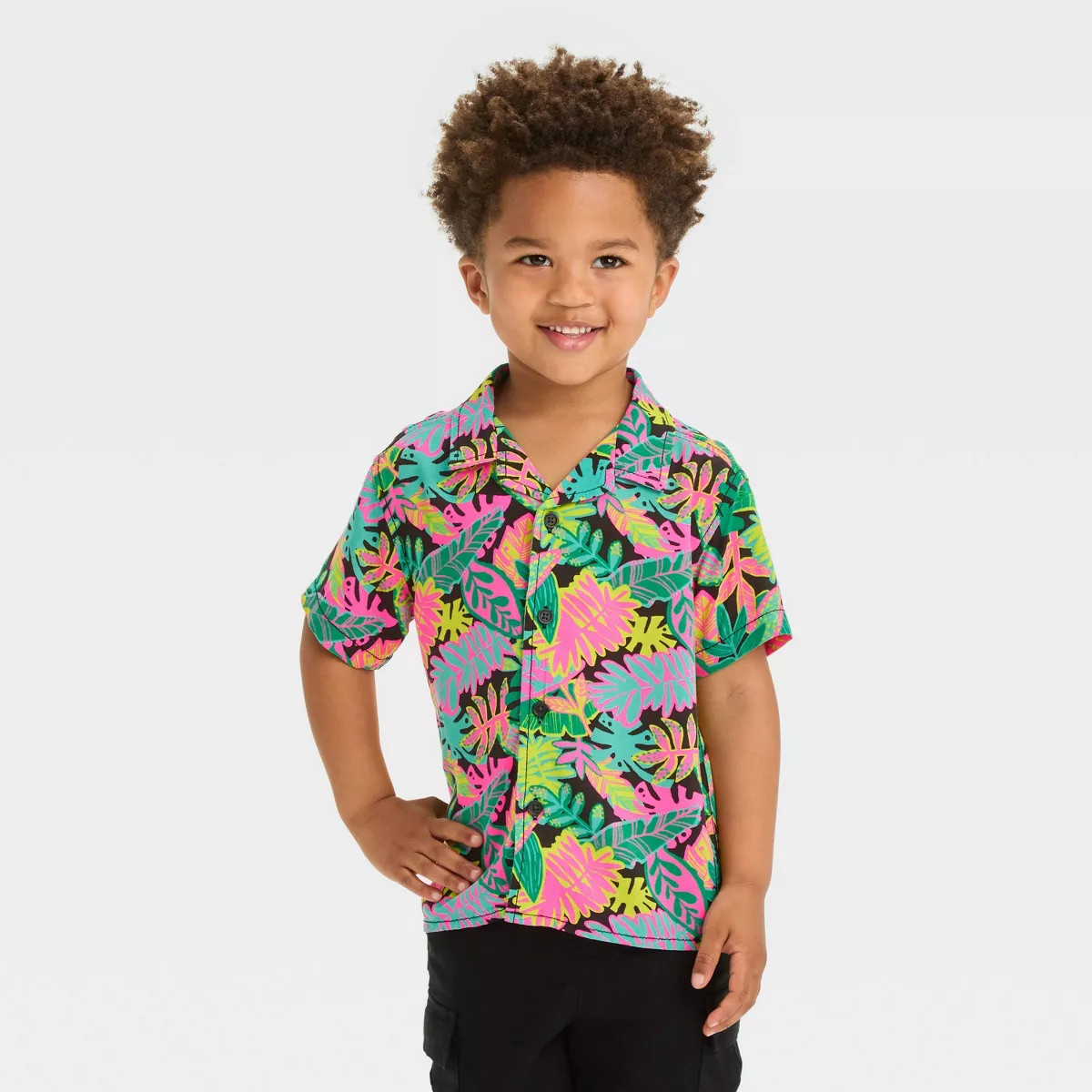 Toddler Boys' Short Sleeve Gauze Woven Challis Tropical Shirt - Cat & Jack™ Black | Target