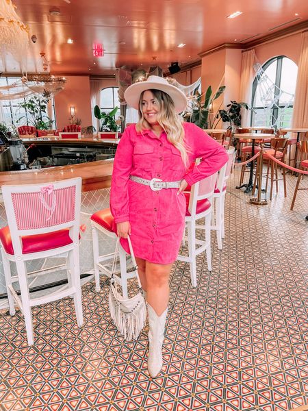 Rhinestone cowgirl 🤠💖🪩 Just booked a trip to go back to Nashville in a few weeks, this time with the hubby! 🩷 So excited to really explore the city 🤩 Leave any recs in the comments please!

Nashville outfit, pink dress, corduroy dress, rhinestone boots, rhinestone western boots, rhinestone belt, holiday style, fall outfit ideas, fringe bag

#LTKmidsize #LTKHoliday #LTKfindsunder50