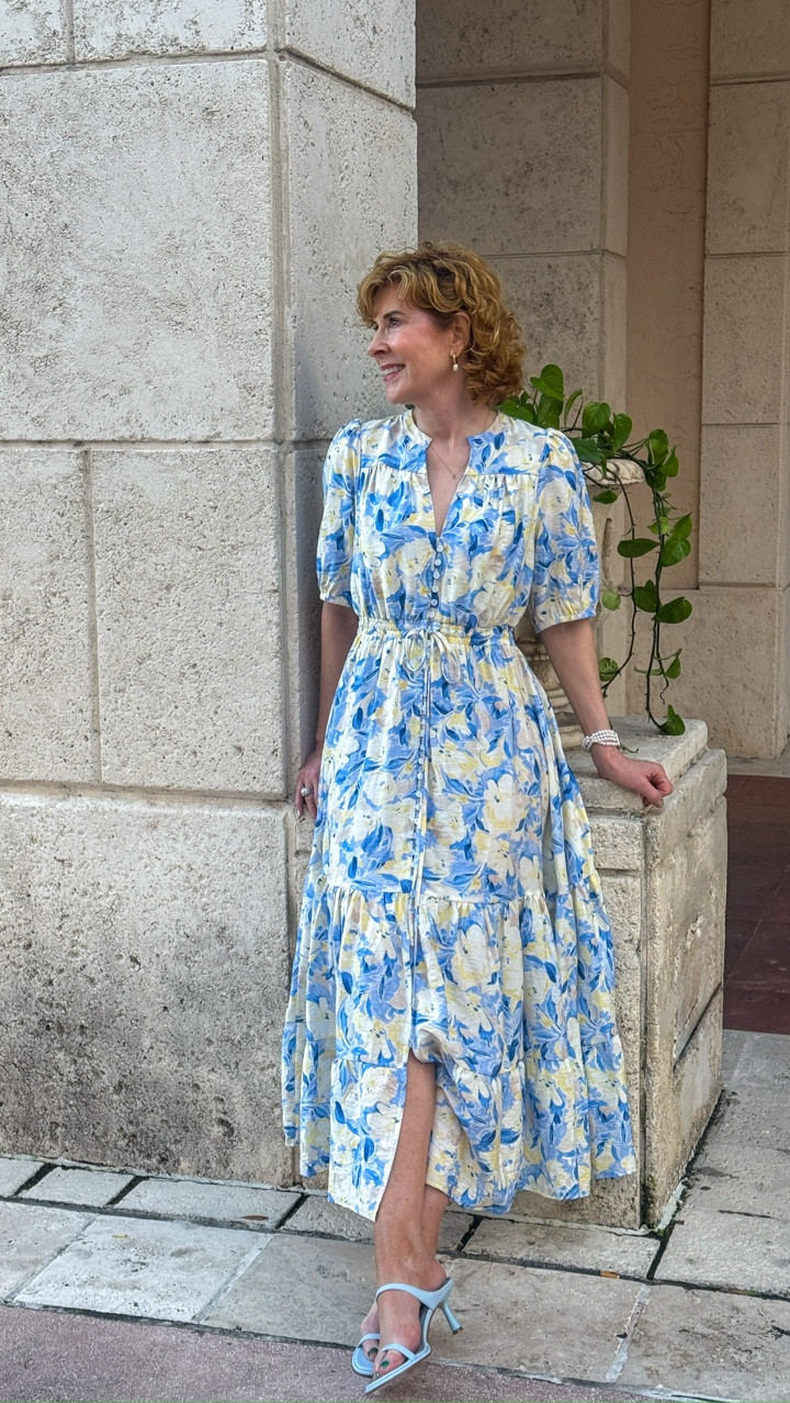 Flattering blue floral midi dress for spring and summer 💙 I love the adjustable waist, button-front detail, and soft puff sleeves. Such an easy, feminine look for brunch, church, or vacation.

#LTKSeasonal #LTKTravel