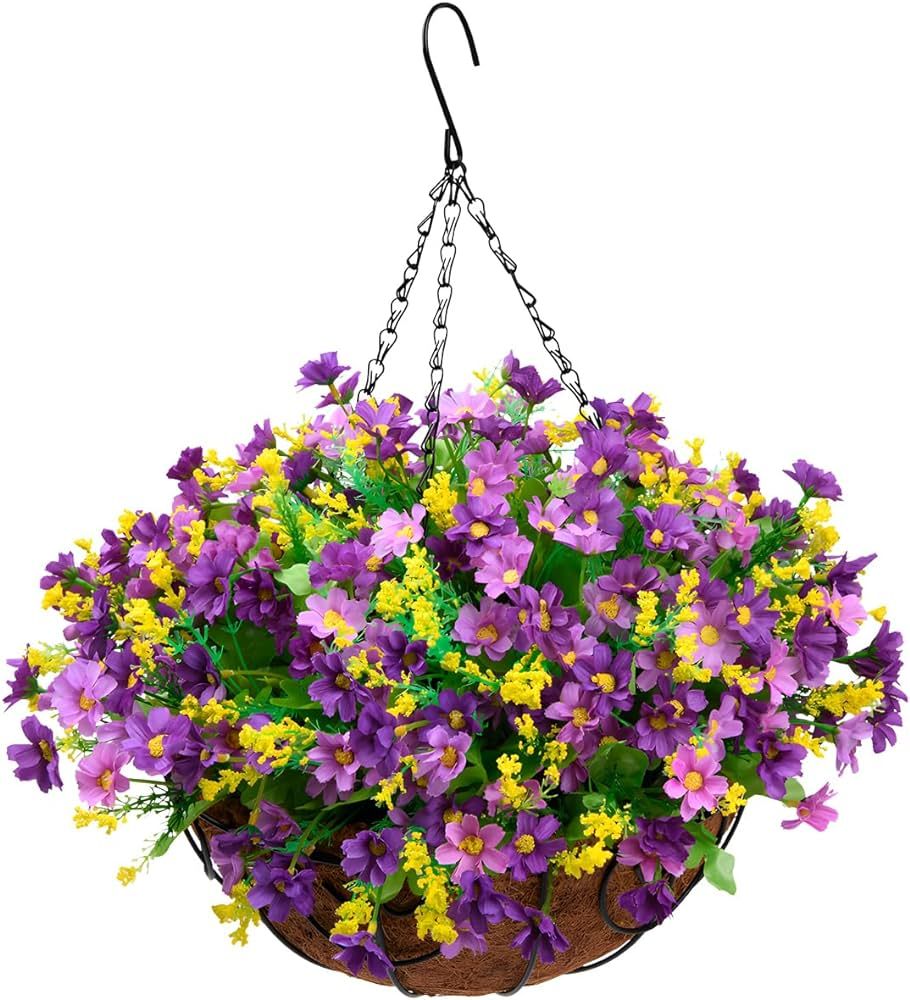 Amazon.com: Homsunny Artificial Hanging Flowers in Basket,Fake Daisy Plants Arrangement,12inch Co... | Amazon (US)