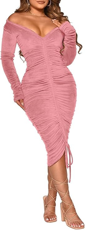 Ophestin Womens Sexy Ruched Long Sleeve Off Shoulder Bodycon Velvet Drawstring Long Midi Dress fo... | Amazon (US)