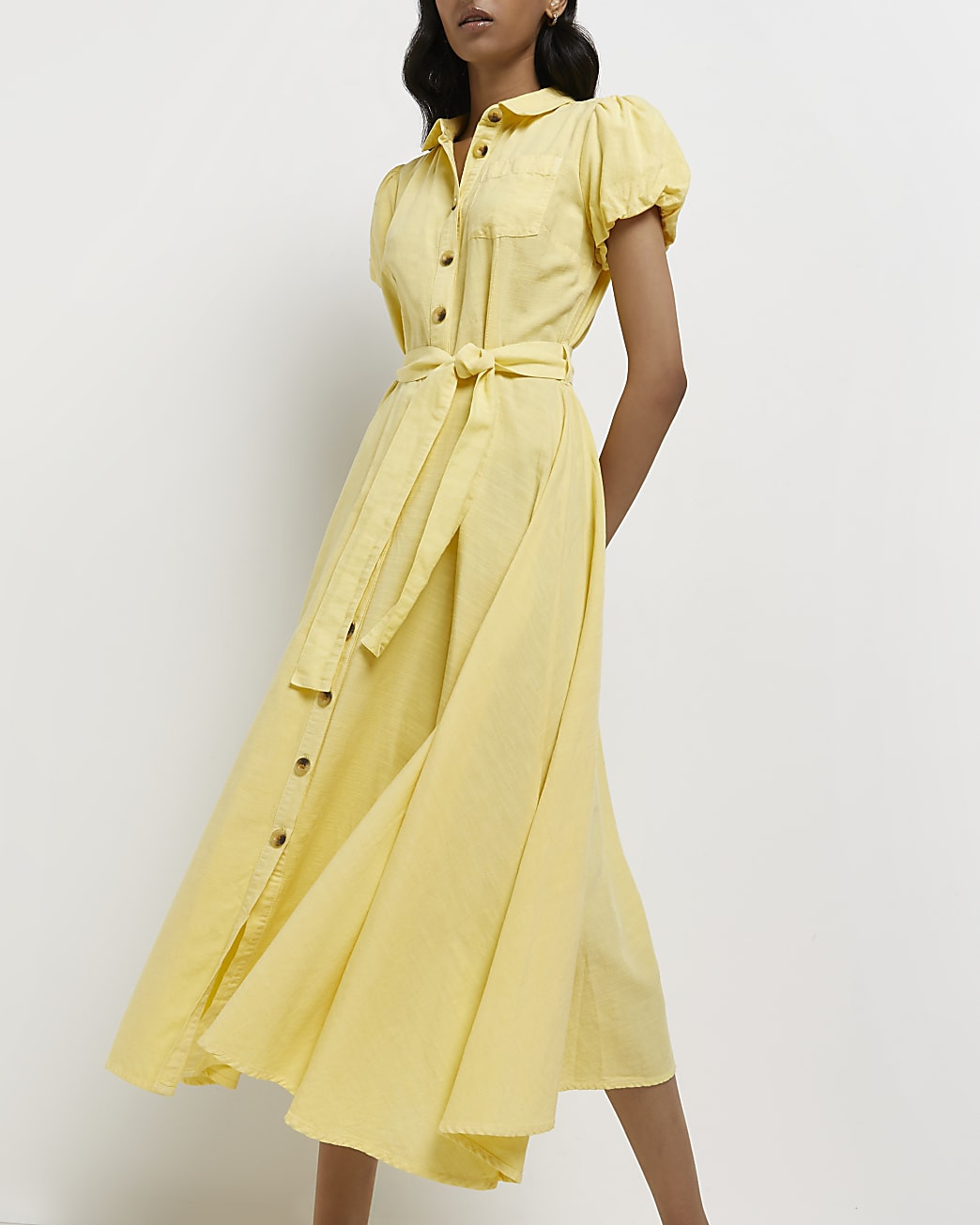 Yellow tie waist midi shirt dress | River Island (UK & IE)