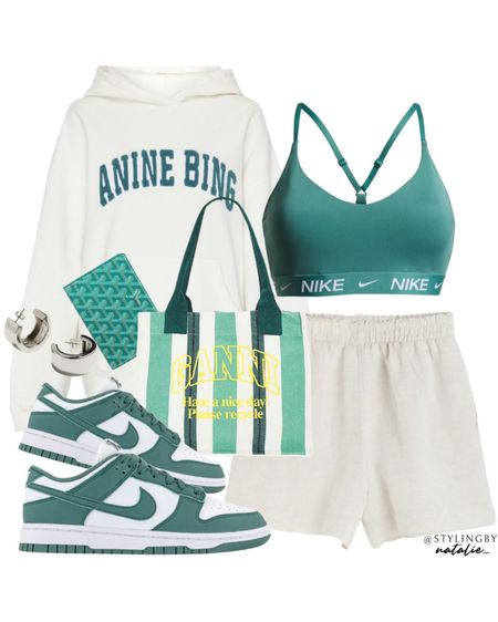 Anine bing hoodie, linen shorts, sports bra, nike dunk low trainers, Ganni tote bag. Airport outfit, travel outfit, comfy casual clothes, summer outfit.

#LTKtravel #LTKstyletip #LTKeurope
