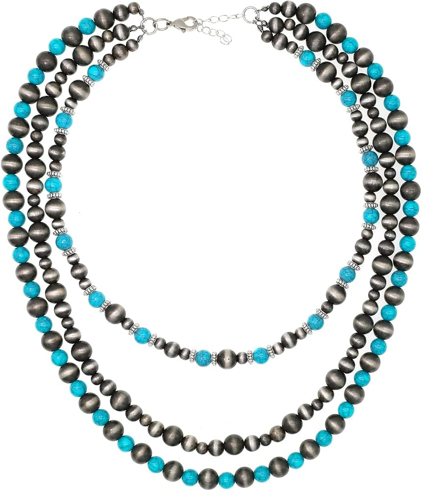 Western Metallic Navajo Pearl Choker Necklace For Women Cowgirls Multi Layer Pearls Turquoise Bea... | Amazon (US)
