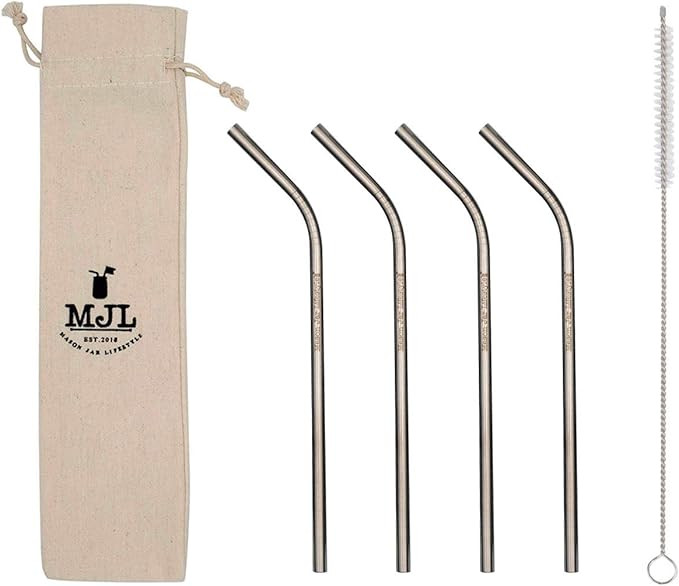Medium Thin Bent Stainless Steel Straws for Pint Mason Jars or Glasses (4 Pack + Cleaning Brush +... | Amazon (US)