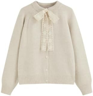 CIDER Women's Cute Bow Wool Knit Cardigan Long Sleeve Sweater | Button Down, Crew Neck, Lace Trim... | Amazon (US)