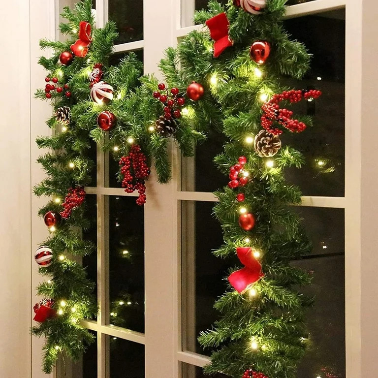 Fwttom 6 FT Christmas Garland with Light, Pinecones, Red Berries, Bows, Christmas Balls Candies, ... | Walmart (US)