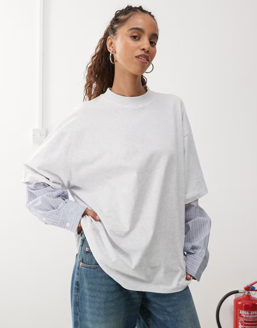 Lioness 2-in-1 oversized T-shirt overlay and striped long sleeve shirt in gray and blue stripe | ASOS (Global)