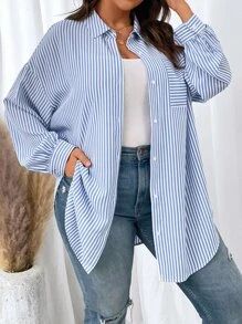 SHEIN EZwear Plus Striped Print Drop Shoulder Shirt SKU: sf2209156190043606(13 Reviews)$16.49$15.... | SHEIN