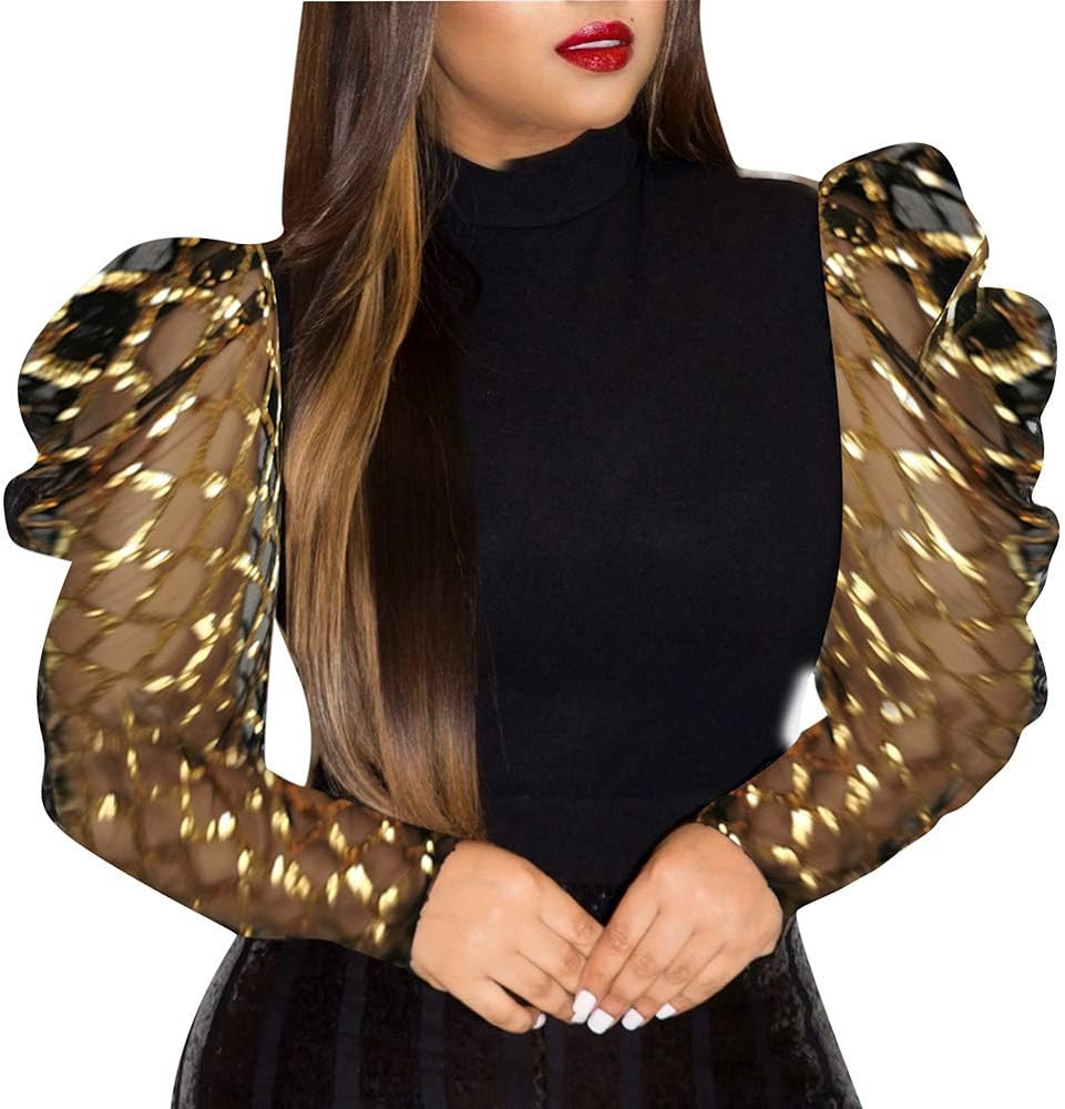 acelyn Women's Elegant Sequin Mesh Sheer Puff Long Sleeve Mock Neck Slim Fit Party Blouse Shirt T... | Amazon (US)