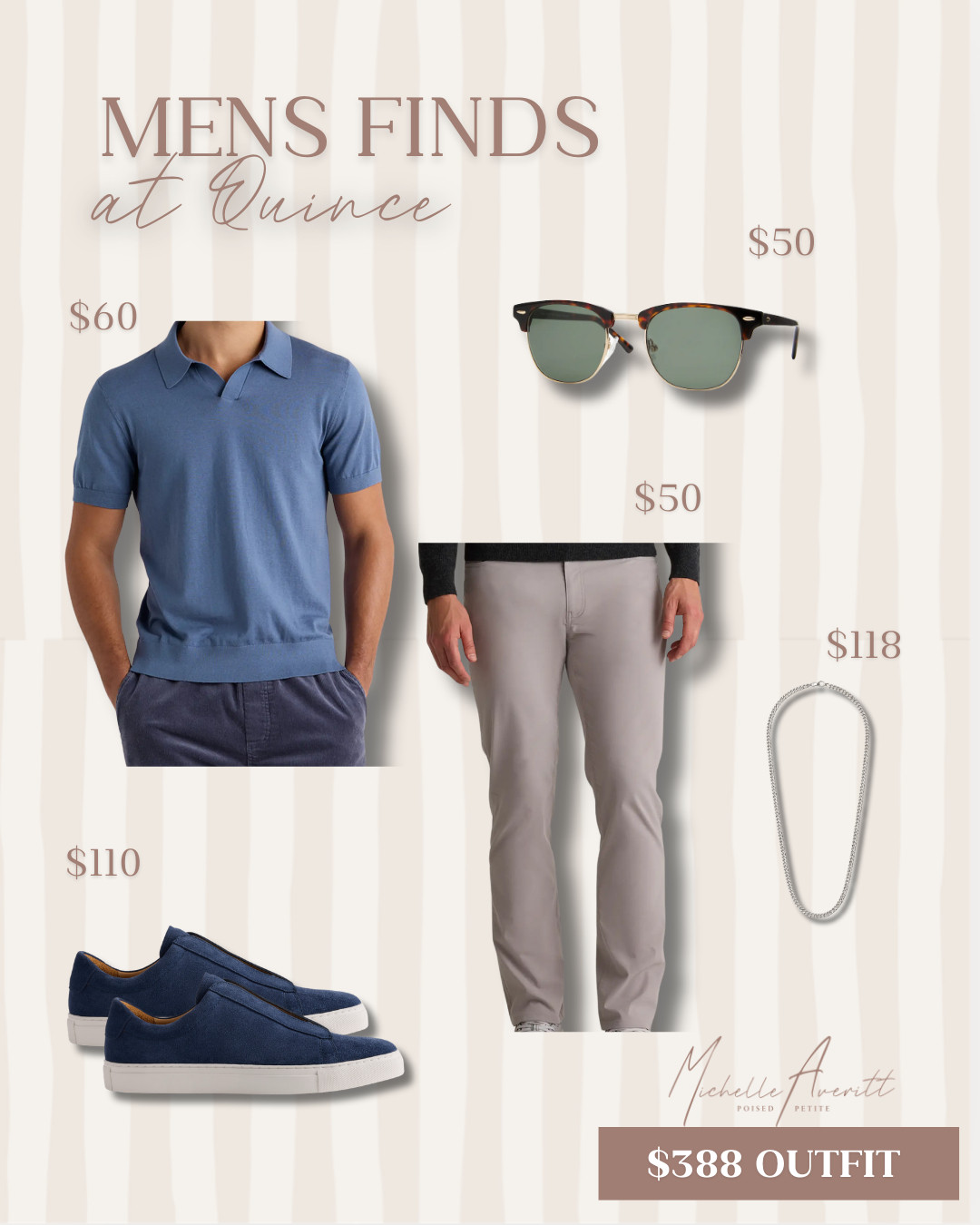 Looking for the perfect outfit for him? These are some of my favorite men's pieces from Quince.

A sleek look, including a silver chain, polarized sunglasses, Italian suede sneakers, cool cotton pants, and a cotton collared polo, makes for a great outfit for any occasion.

mens fashion, vacation style, fashion over 40 

 #LTKootd #LTKOver40 #LTKMens