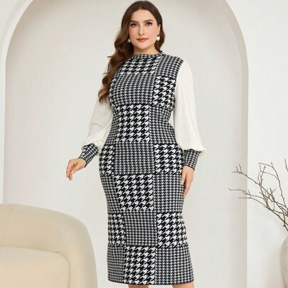 Plus Size Elegant Houndstooth Patchwork Long Sleeve Fitted Sweater Dress For Autumn | SHEIN