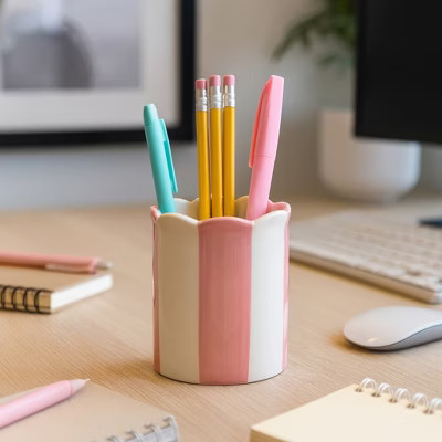 Minimalist Striped Desktop Organizer for Home Decor - Office Accessory for Small Desk, Workspace, or Storage Decor - 4", Pink & Ivory | Target