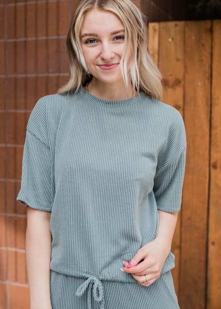 Zuri Seafoam Ribbed Drawstring Top | My Sister's Closet Boutique