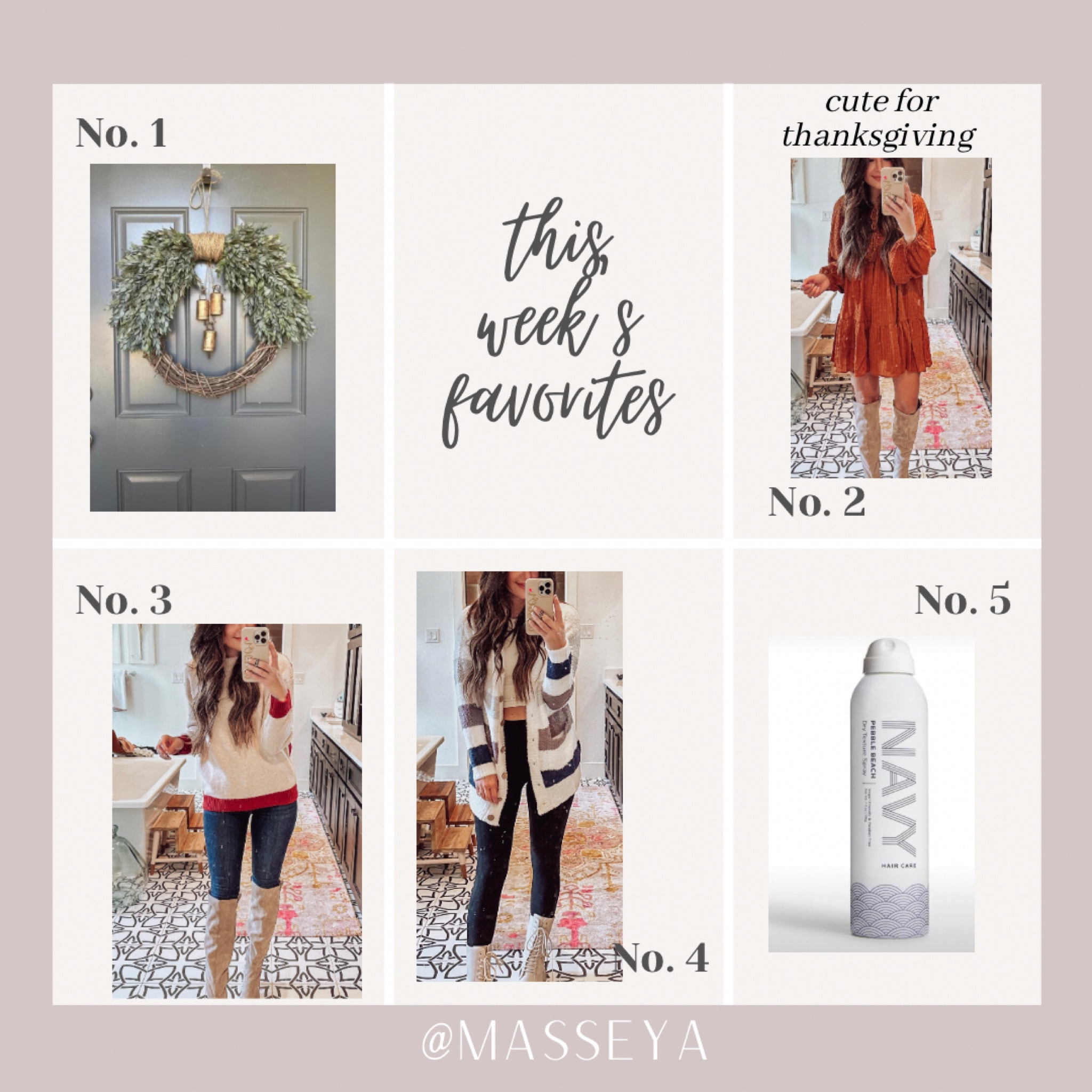 This week’s most loved.
1) front door wreath from Etsy
2) Pink Lily Dress- would be great for a Thanksgiving Day outfit
3) Pink Lily Sweater- perfect for fall and winter
4) Pink Lily Cardigan- great for all seasons and a perfect layering piece
5) Navy Haircare Pebble Beach

✨Use code AMBER20 for 20% off Pink Lily✨

#LTKHoliday #LTKbeauty #LTKSeasonal