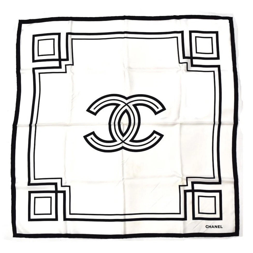Chanel Coco Mark Silk Scarf White Monotone Black Square Shawl Accessory CC A  | eBay | eBay US