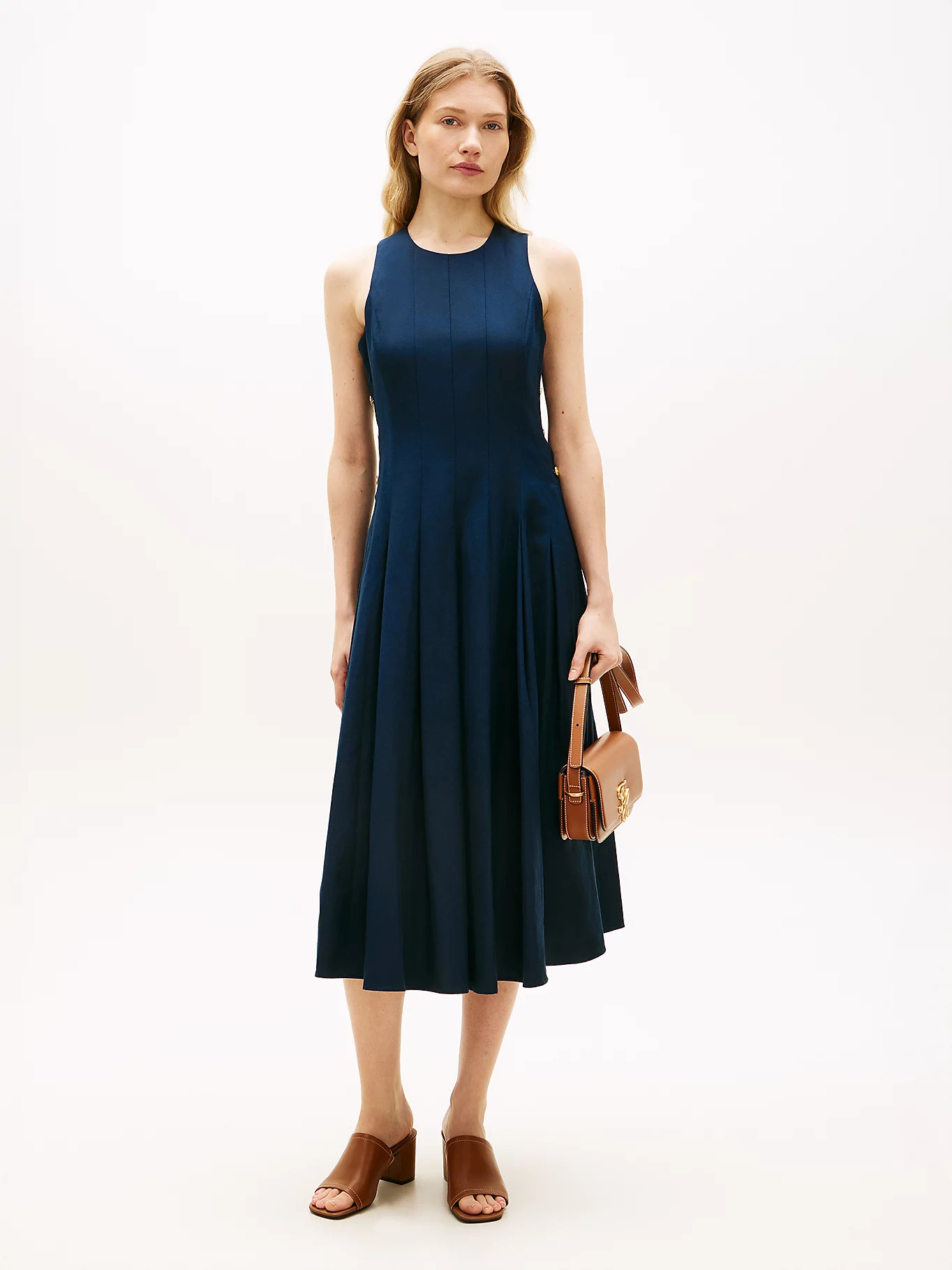 Gold-Tone Button Linen Blend Midi Dress | Blue | Tommy Hilfiger | Tommy Hilfiger UK