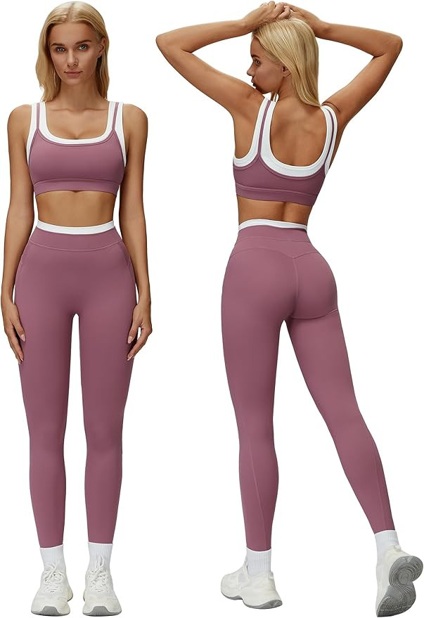 ABOCIW Two Piece Workout Sets for Women Layer Sports Bra Tummy Control High Wait Leggings Gym Yog... | Amazon (US)