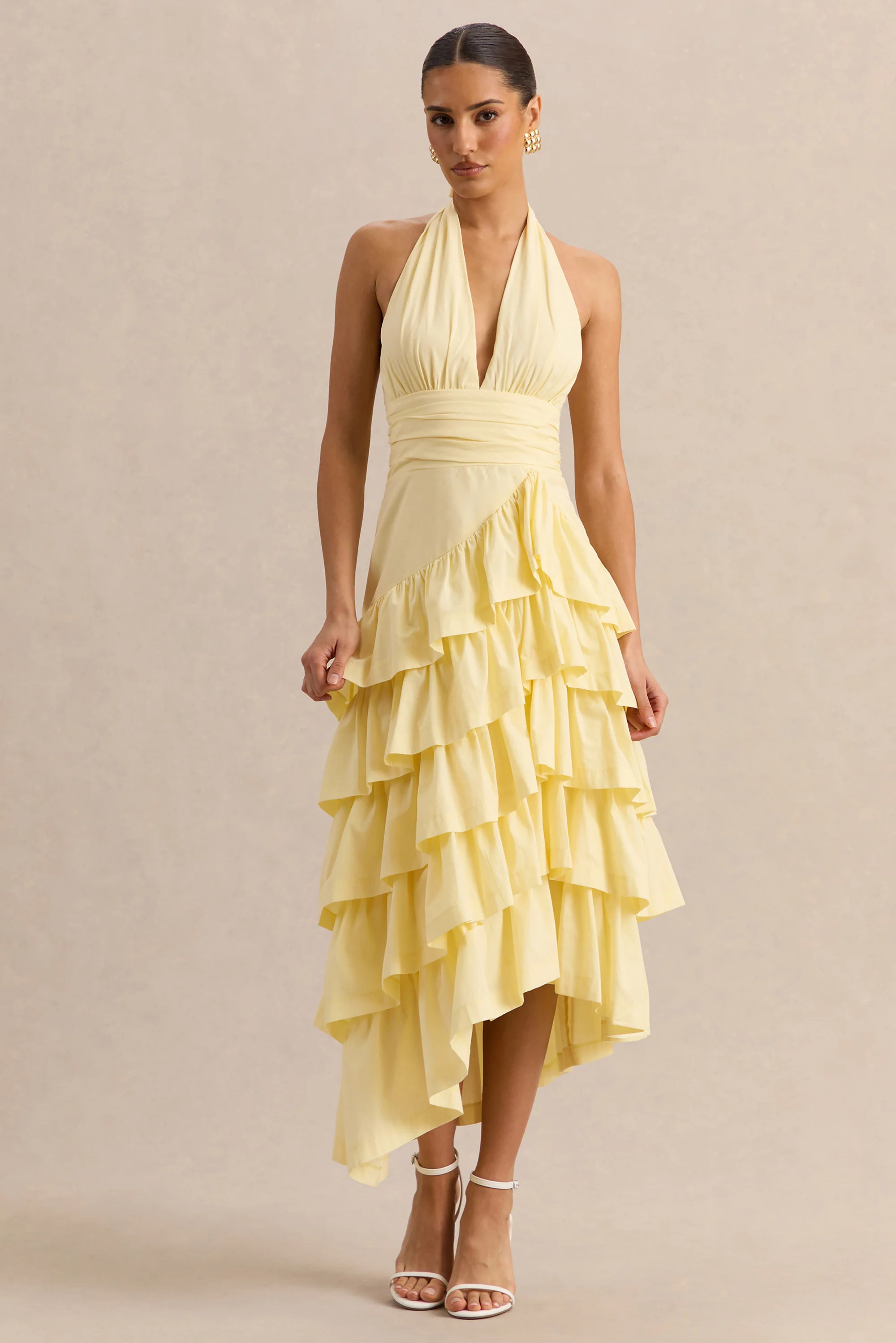Velora | Lemon Asymmetric Midi Dress With Tiered-Ruffled Skirt | Club L London