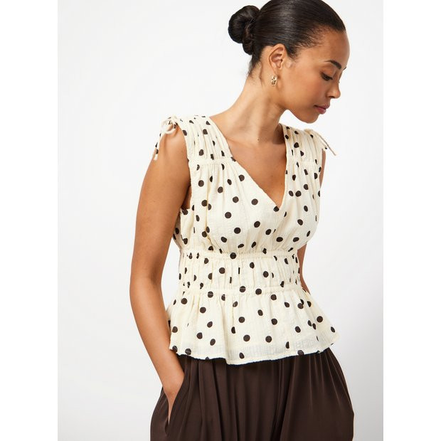 Buy Light Yellow Polka Dot Print Seersucker Sleeveless Shirred Top 20 | Tops | Tu | Tu Clothing