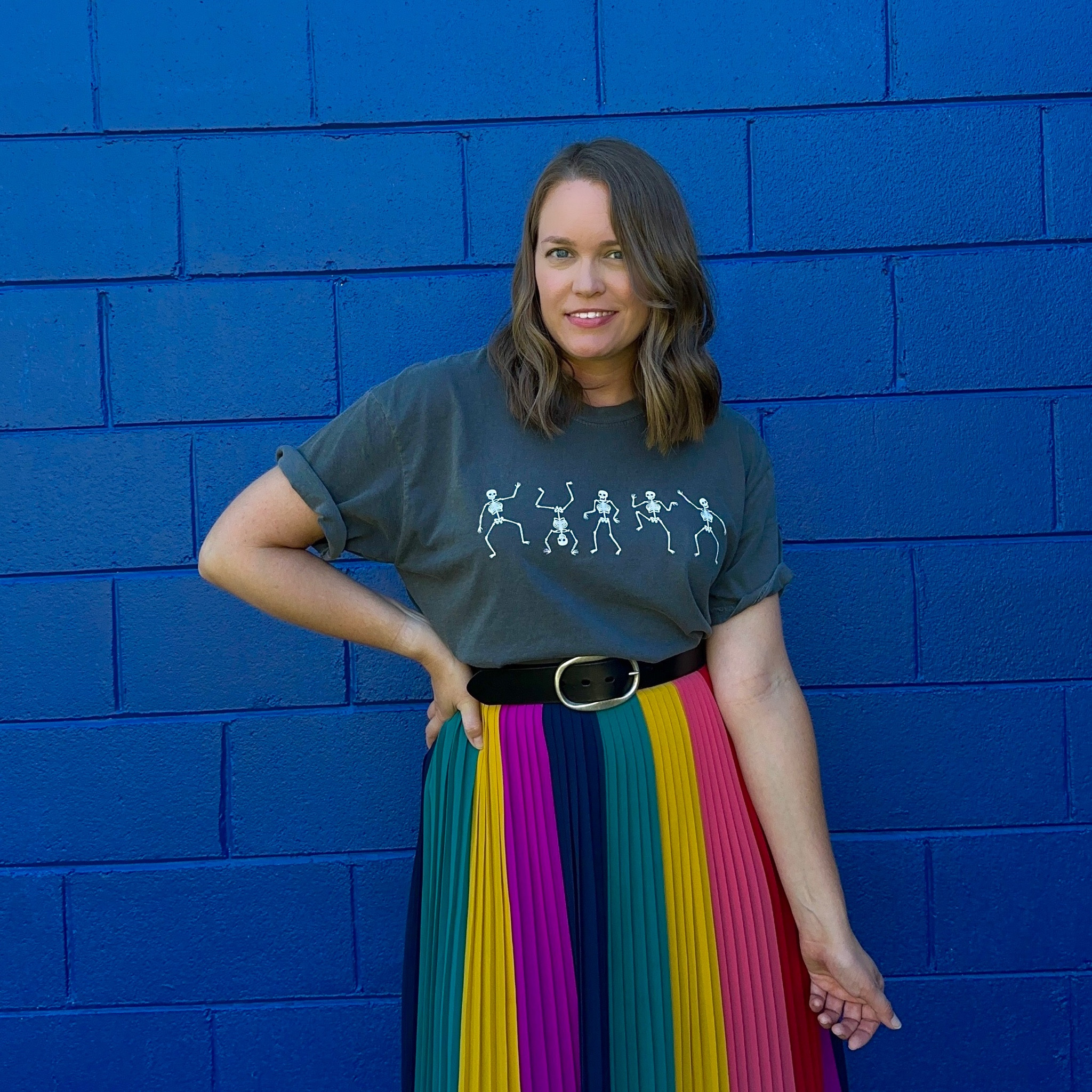 Dancing skeletons graphic tee & a pop of color for a fun Halloween look  